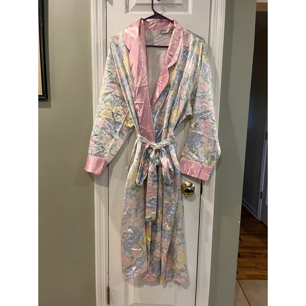 Kathryn Vintage Pastel Floral Satin Robe Pink Trim Wrap Belted Pockets M
